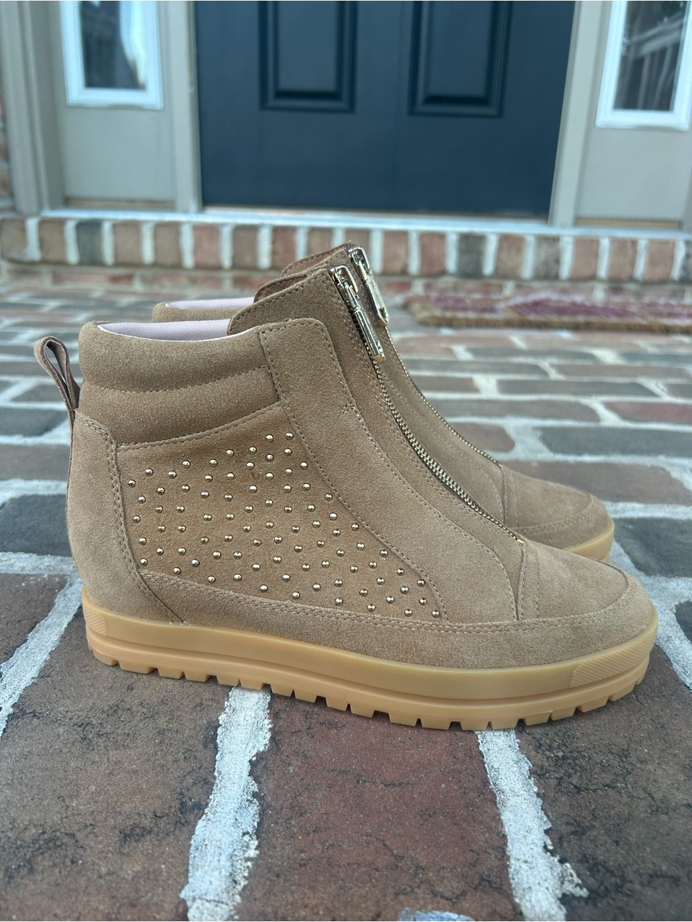 Marc Cain Tan Suede Hidden Wedge Zipper Ankle Boots Studded 38 7.5